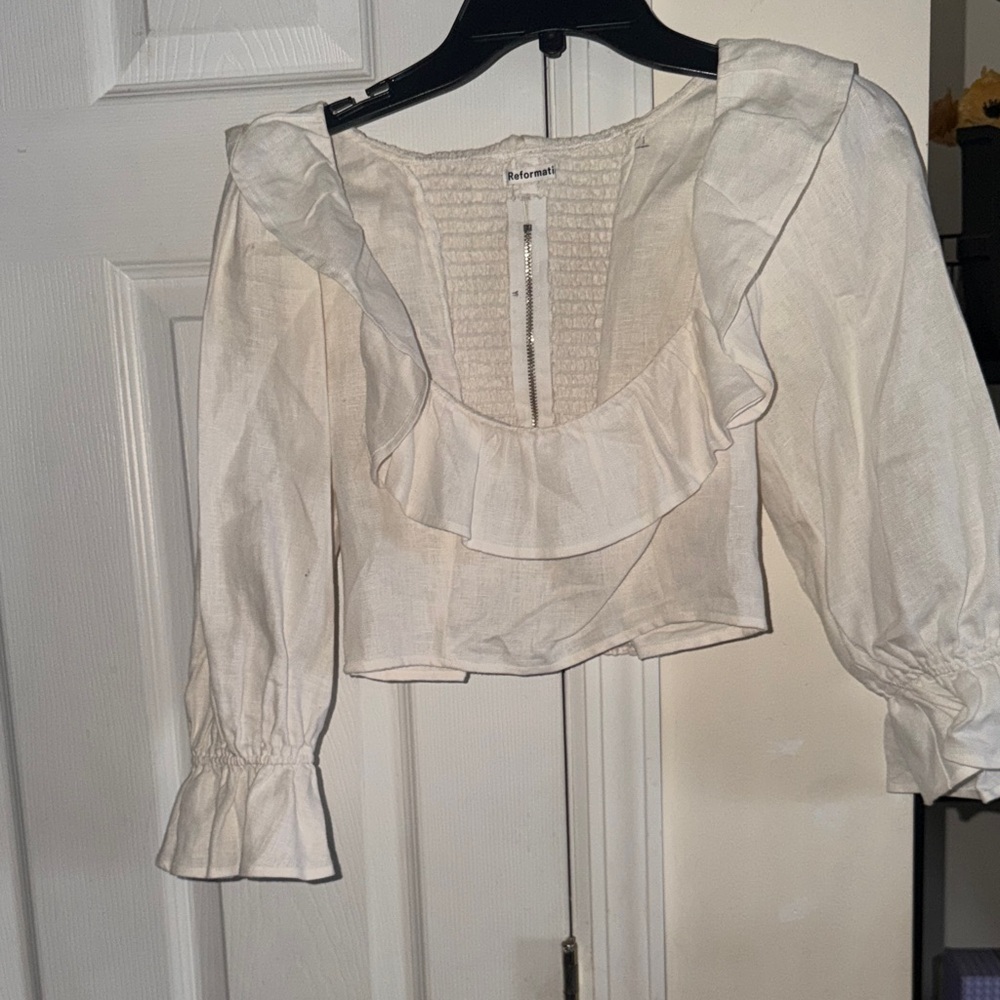 Reformation Linen Cream Ruffle Crop Blouse